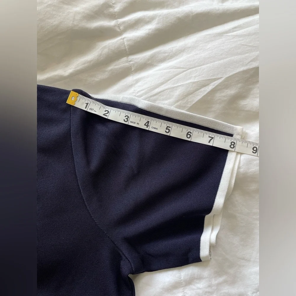 Misook Navy Blue White Trim Short Sleeve Knit Blouse Top | M - Picture 9 of 10